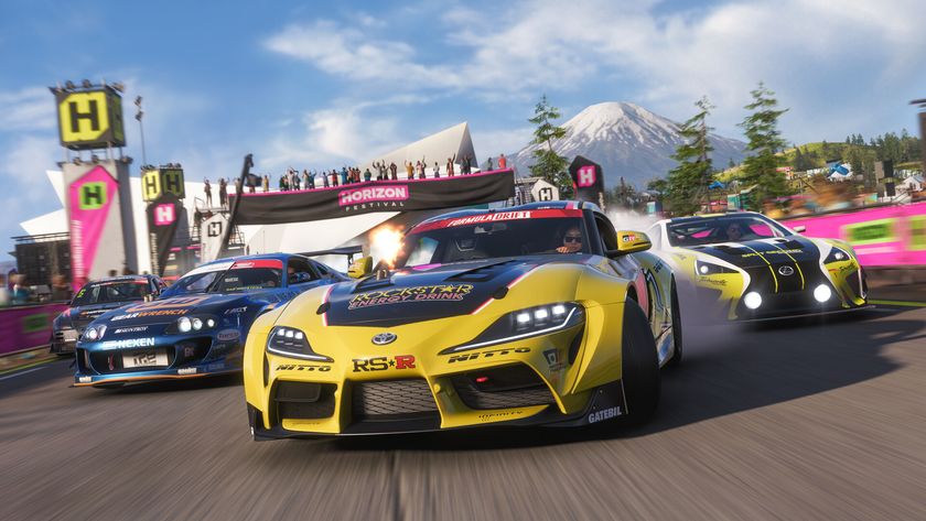 Forza Horizon 6: Three sports cars racing past the finish line towards the camera, nearly crashing into each other.