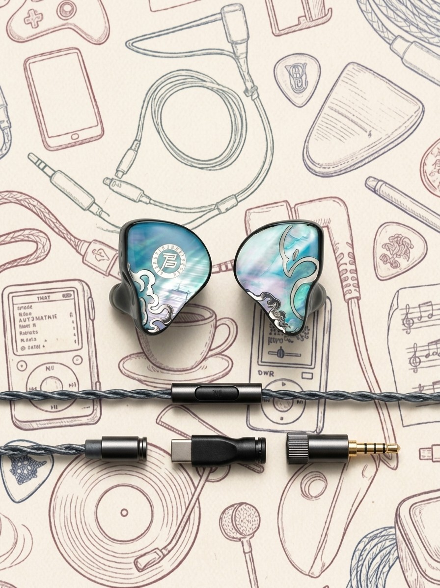 A selection of in-ear monitors on an AI-generated, illustrative background.