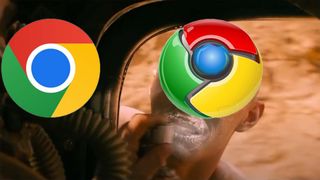 Google Chrome logos overlaid on Mad Max Fury Road scene