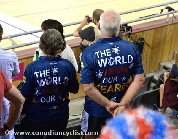 Anna Meares' parents watch their daughter receive the Olympic gold medal