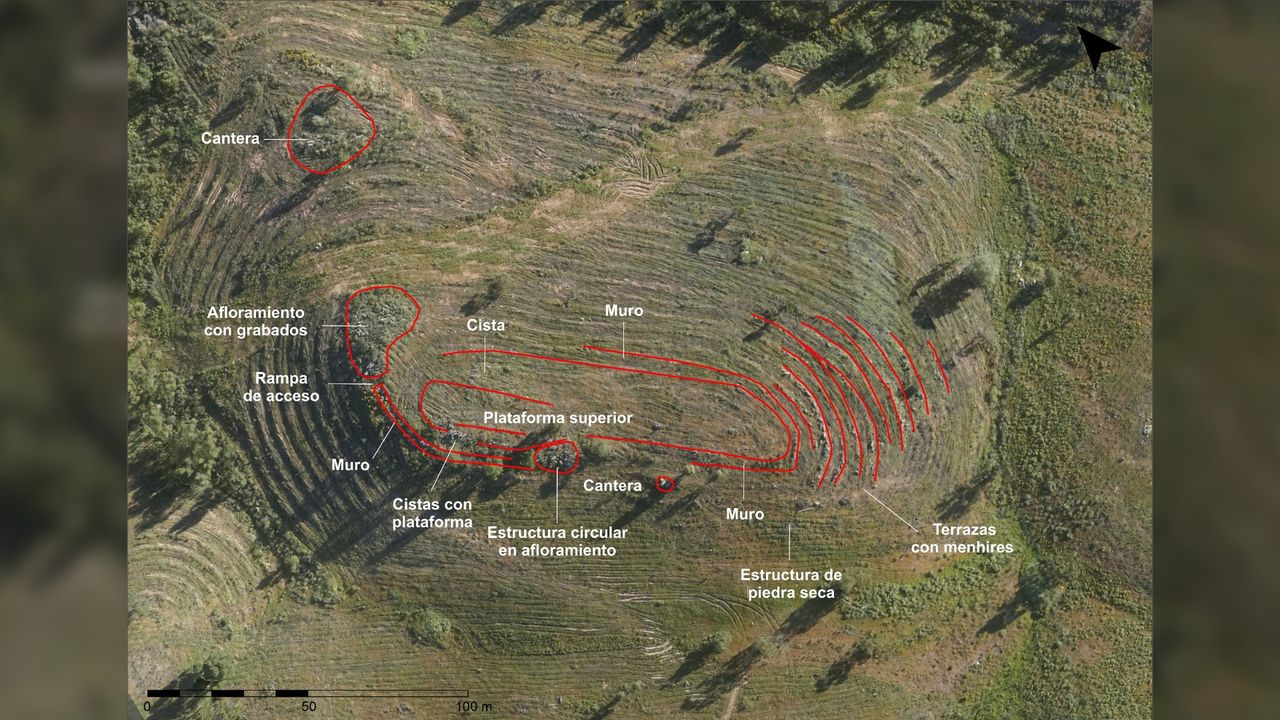 Aerial view of the hilltop at La Torre-La Janera, Spain.