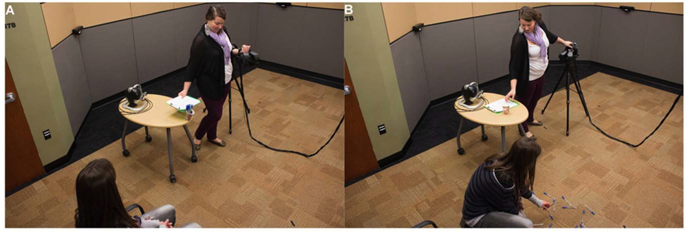 In Panel A, the experimenter is "accidentally" knocking over the pens; in Panel B, a participant gets out the chair and kneels to help pick up the pens. Note: The images are slightly blurry as the surveillance cameras do not capture in high resolution.