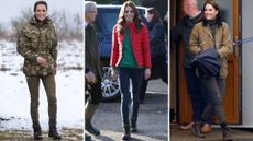 Composite of three pictures of Kate Middleton wearing brown Berghaus boots at three different engagements in 2023 and 2019