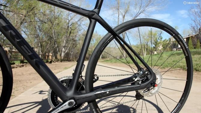 The seatstays are pushed further rearward to make room for the disc brake caliper