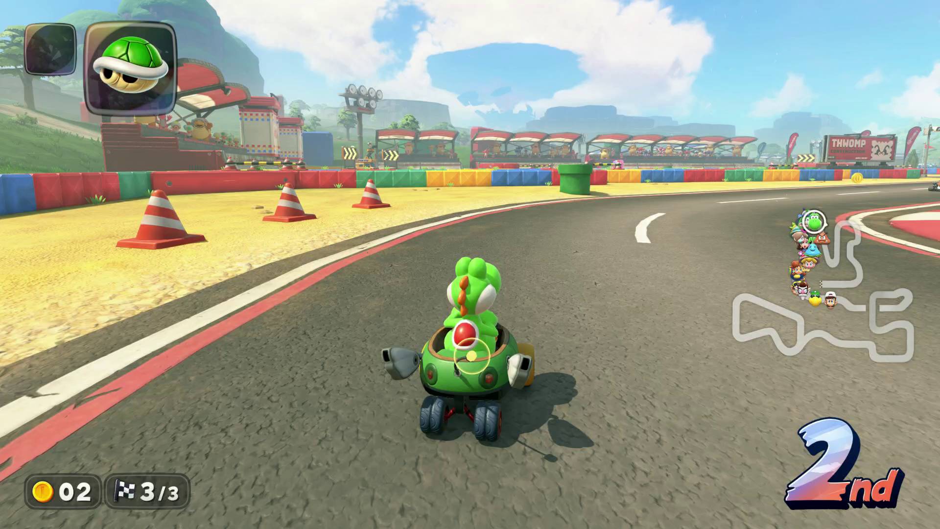 Mario Kart World smart steering yoshi driving with smart steering active, yellow antenna leaning
