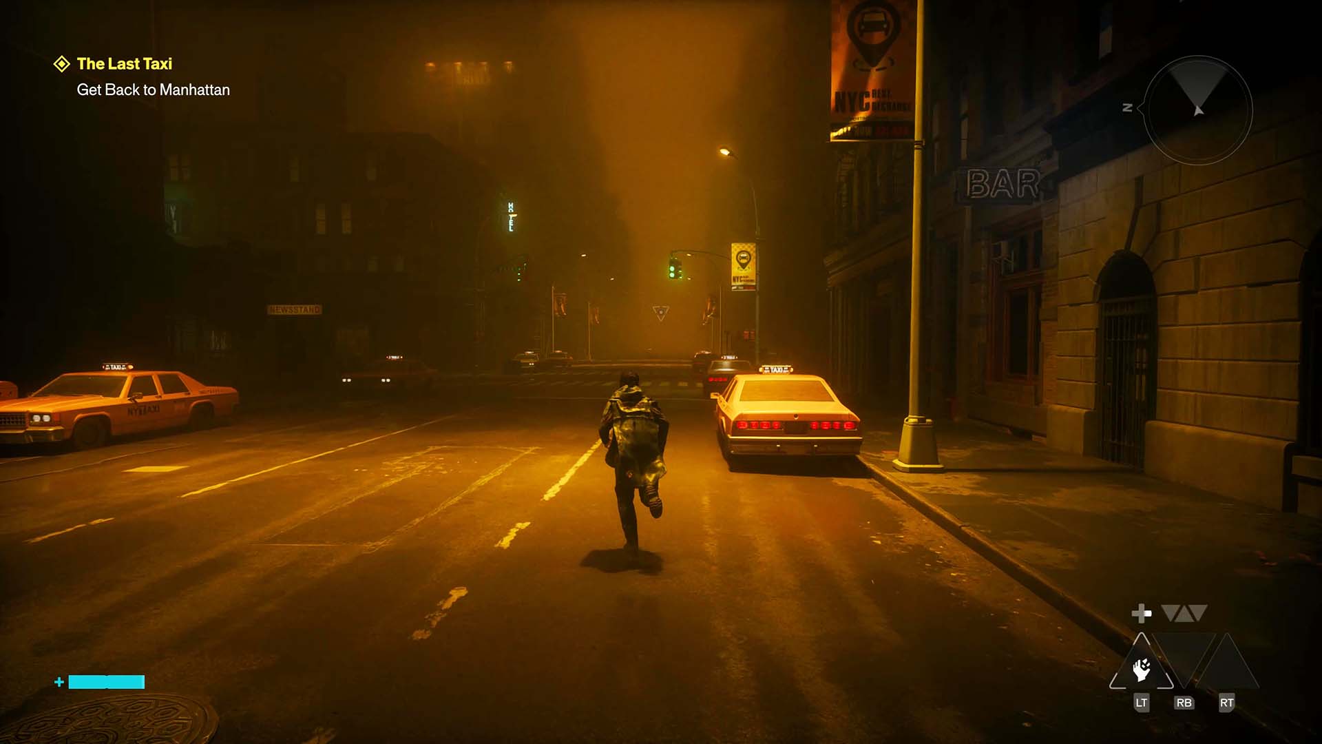 Dylan runs by a number of taxis in an ominous yellow mist in Control Resonant