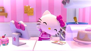 Hello Kitty Island Adventure screenshot showing Hello Kitty, a chibi-style cat character with white fur and a pink bow, smiling while waving