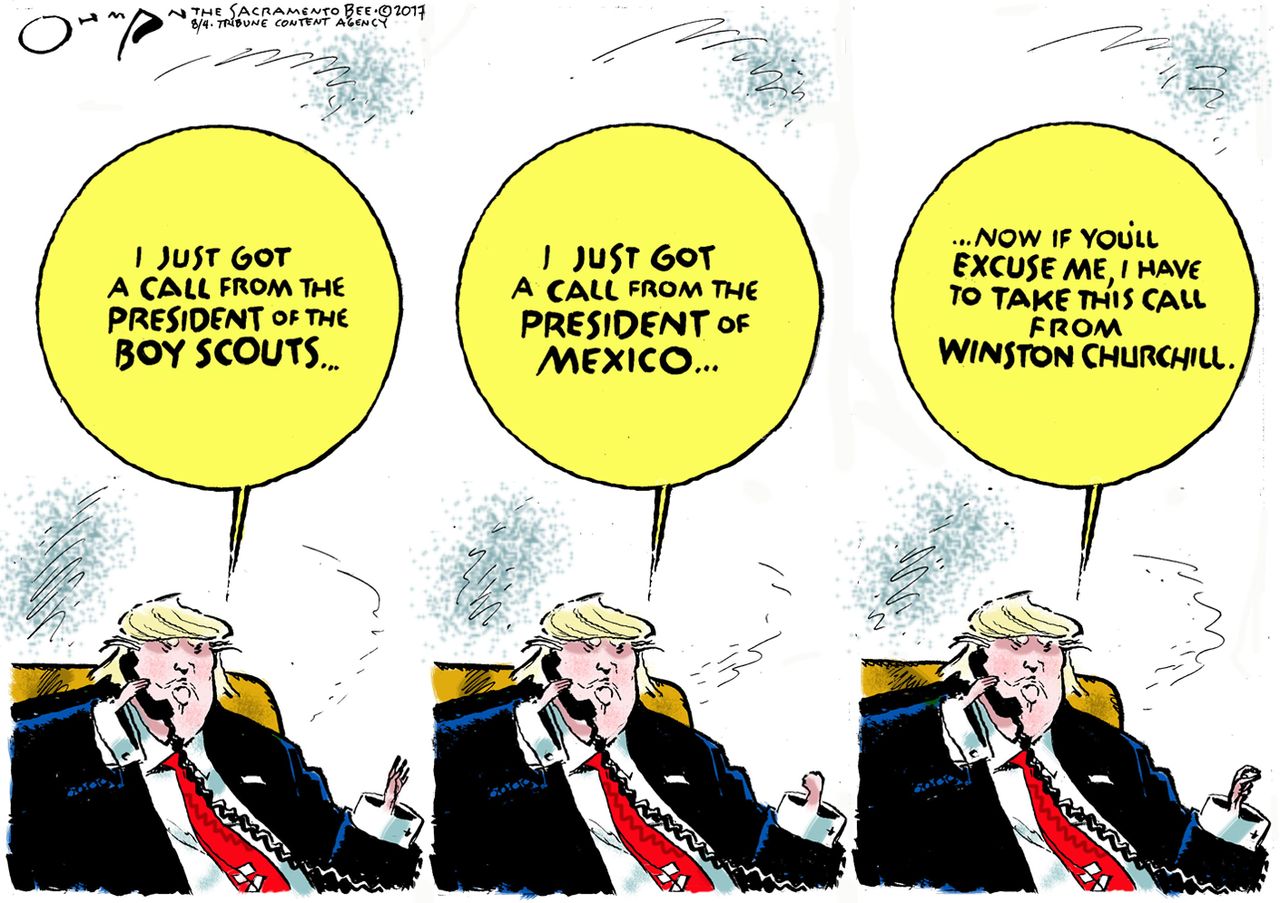 Political cartoon U.S. Trump boy scouts Mexico call transcripts Winston Churchill