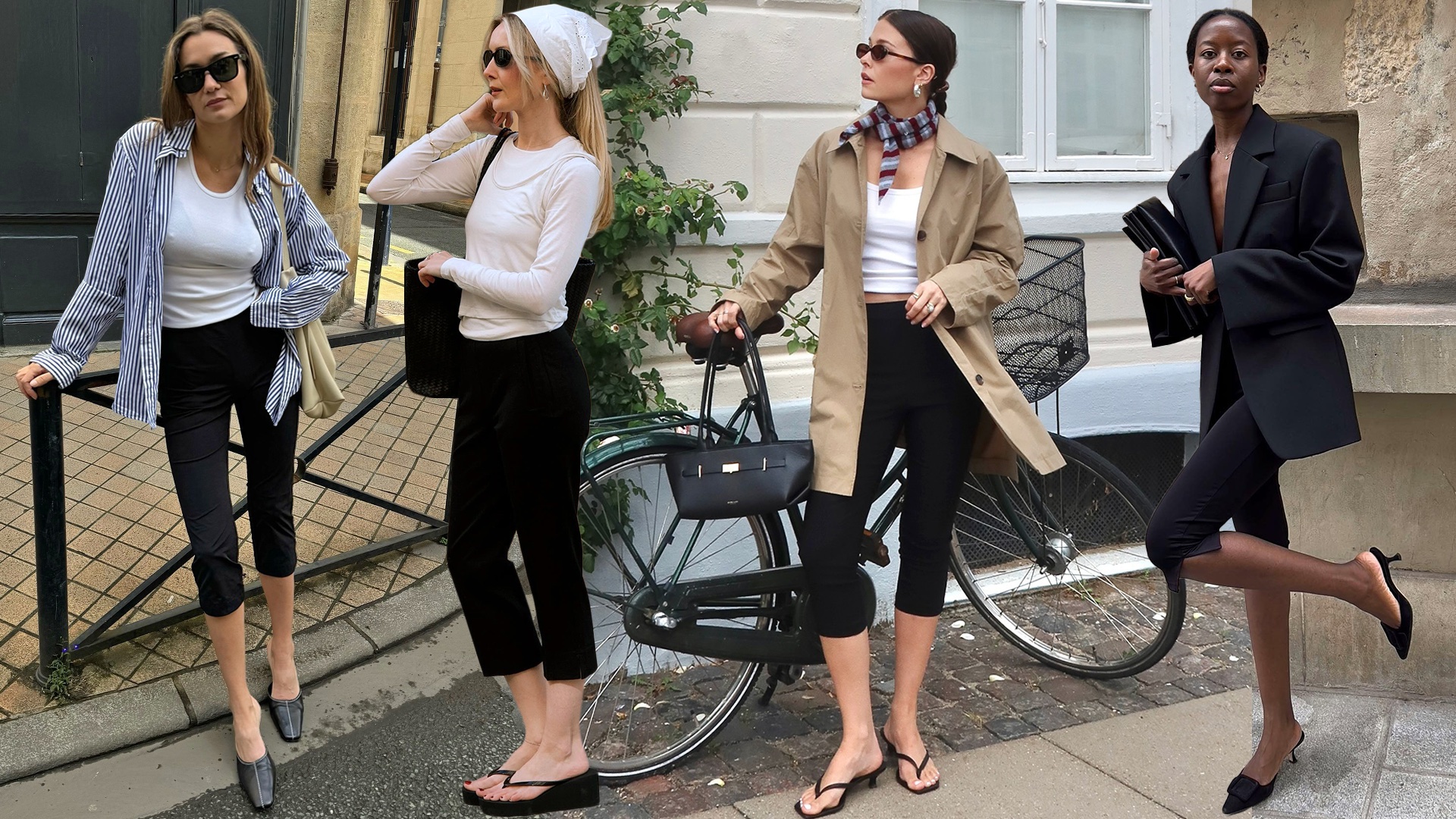 fashion collage four European style influencers wearing the chic summer 2026 capri pants trend
