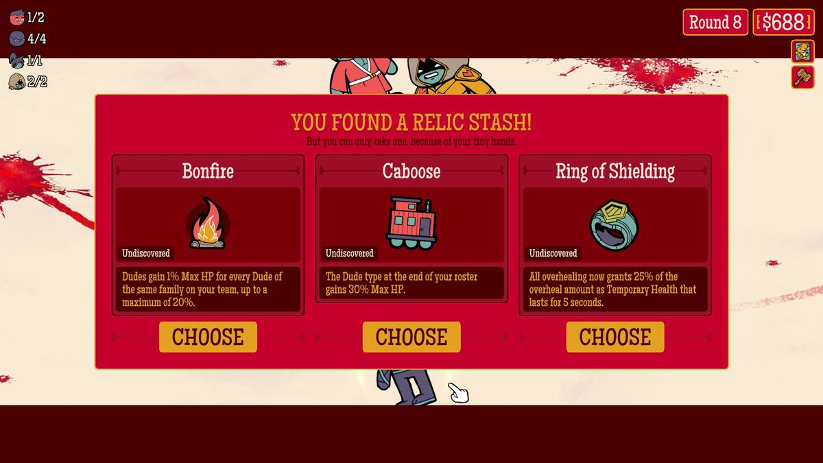 Several screenshots from How Many Dudes? by developer Butterscotch Shenanigans, demonstrating a variety of gameplay mechanics.