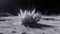 an impact on a grey, dusty surface kicks up a plume of dust and rocks into a black sky