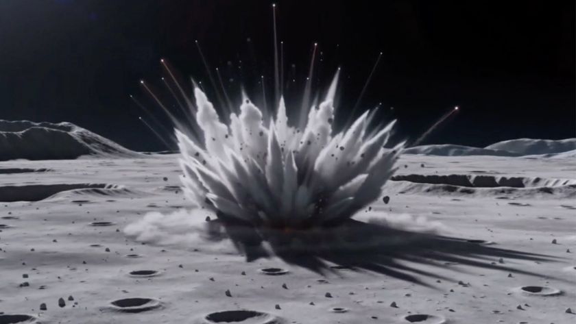an impact on a grey, dusty surface kicks up a plume of dust and rocks into a black sky