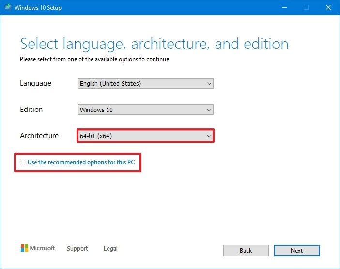 Windows 10 64-bit download selection