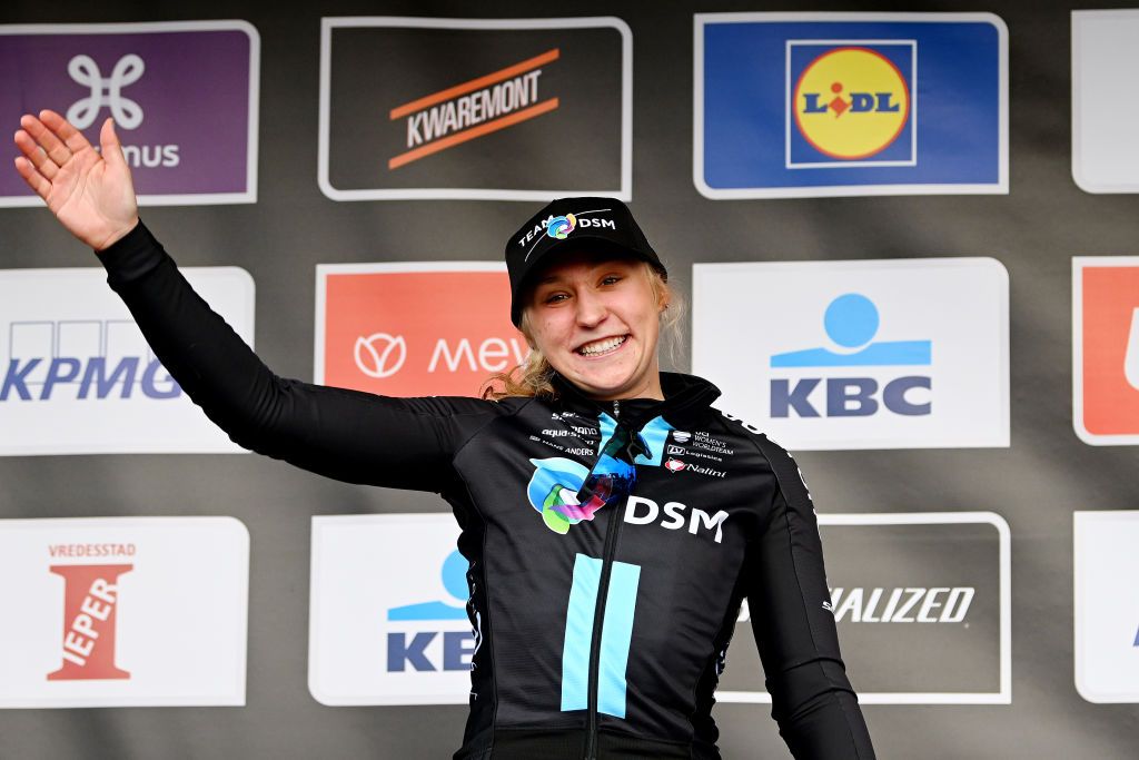 WEVELGEM BELGIUM MARCH 26 Megan Jastrab of The United States and Team DSM celebrates at podium as second place during the 12th GentWevelgem In Flanders Fields 2023 Womens Elite a 1625km one day race from Ypres to Wevelgem UCIWWT on March 26 2023 in Wevelgem Belgium Photo by Luc ClaessenGetty Images