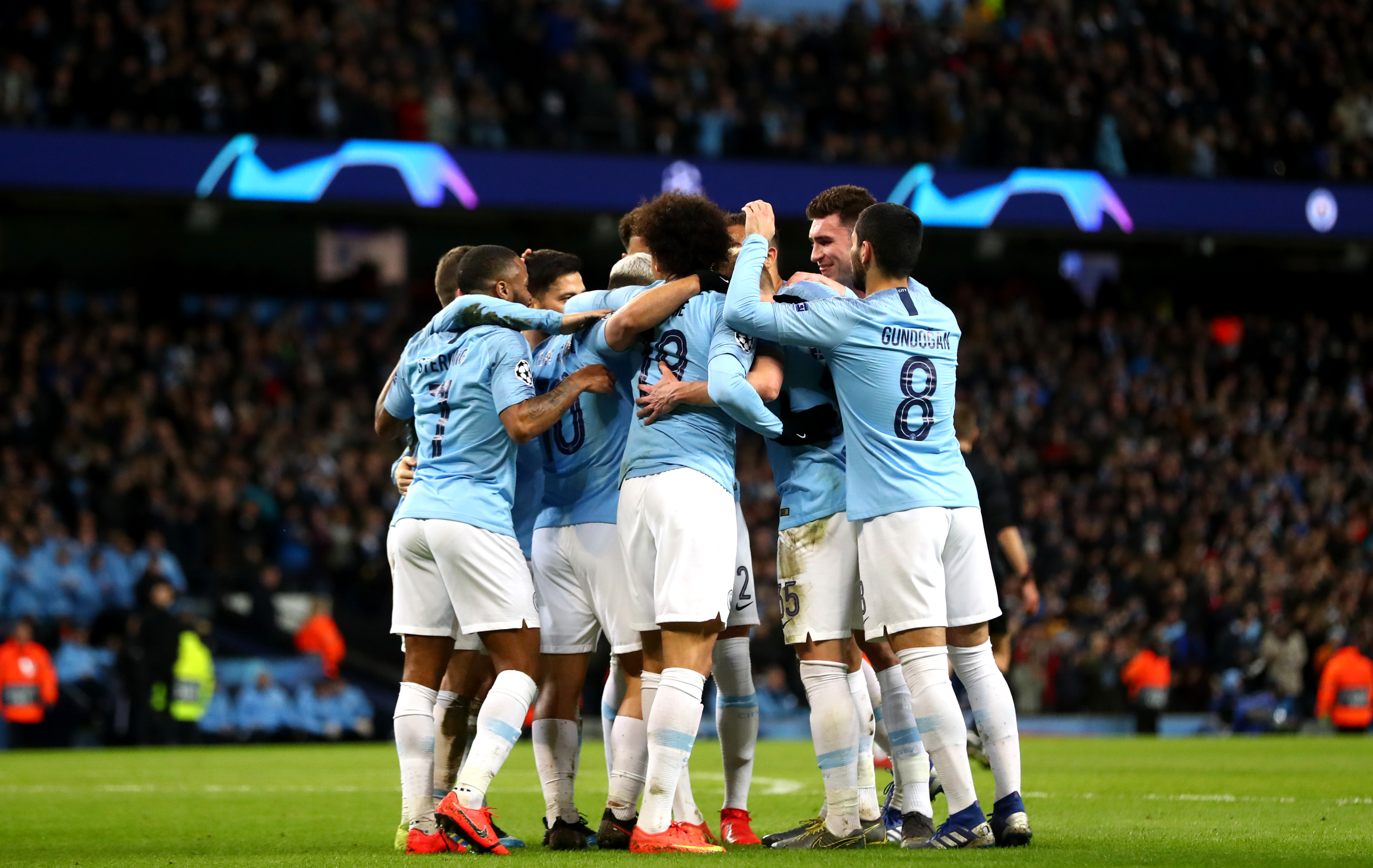 Sergio Aguero celebrates with his Manchester City team-mates after scoring against Schalke in the Champions League in March 2019.