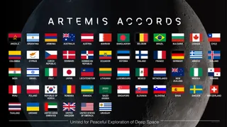 a grid of flags in front of the moon