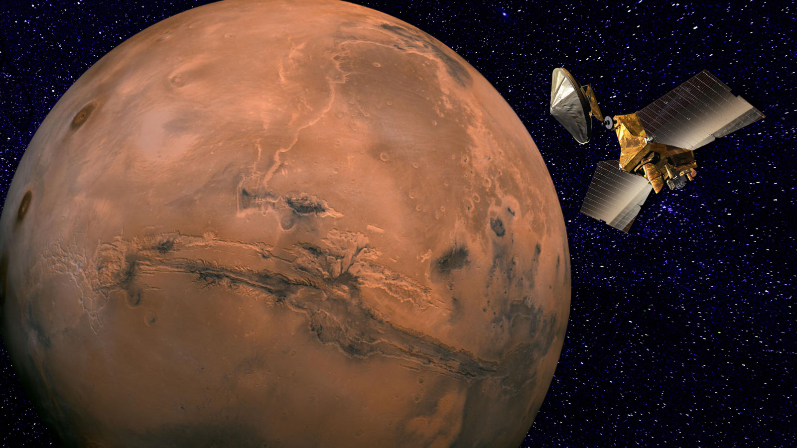 A view of a reddish-orange planet with a little spacecraft that has solar wings floating to the right. Both are seen in space.