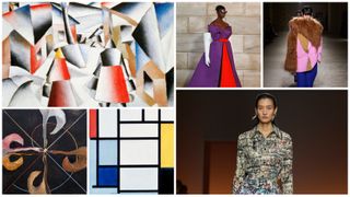 A graphic of abstract art and Fall 2024 runway looks