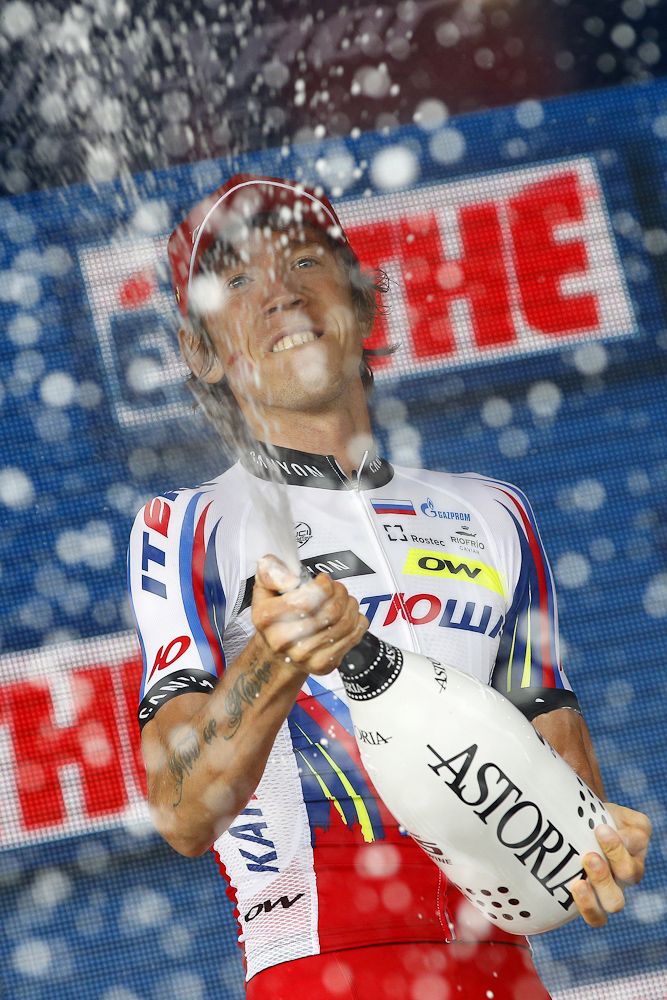 Ilnur Zakarin (Katusha) celebrates with some champagne.