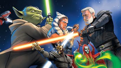 Legends of the Force artwork depicting Yoda, Ahsoka Tano, Baylan Skoll, Savage Opress, and Mother Talzin against a starry background