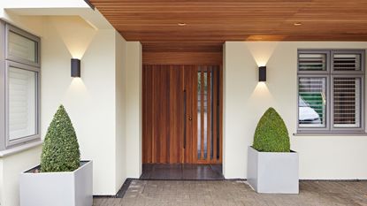 A modern wood front door in a whitewashed