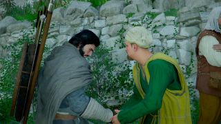 Crimson Desert Lost Letter: A stranger passing something to Kliff next to a rock wall.