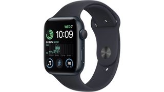 Apple Watch SE (2022) on white background with display showing time and health information