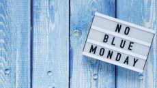 Blue Monday 2023: a sign saying No Blue Monday appears on a blue wood-effect background