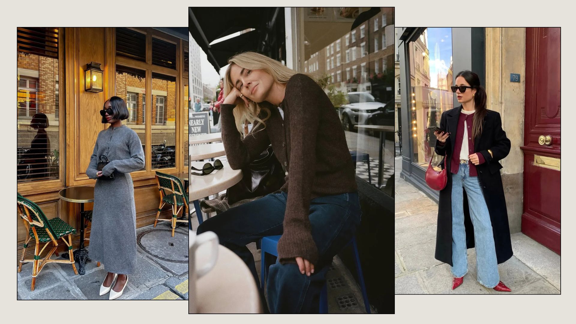 Women wear chic cardigan outfits styled with denim and skirts