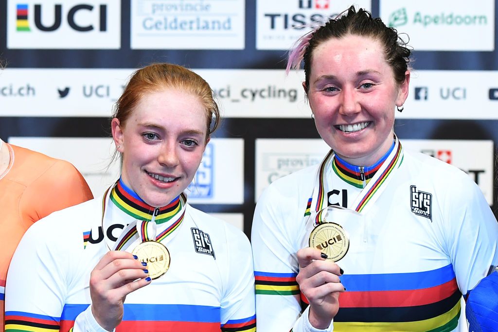Emily Nelson and Katie Archibald celebrate their Madison title