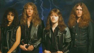 Metallica posing for a photograph in front of a lightning backdrop in 1984