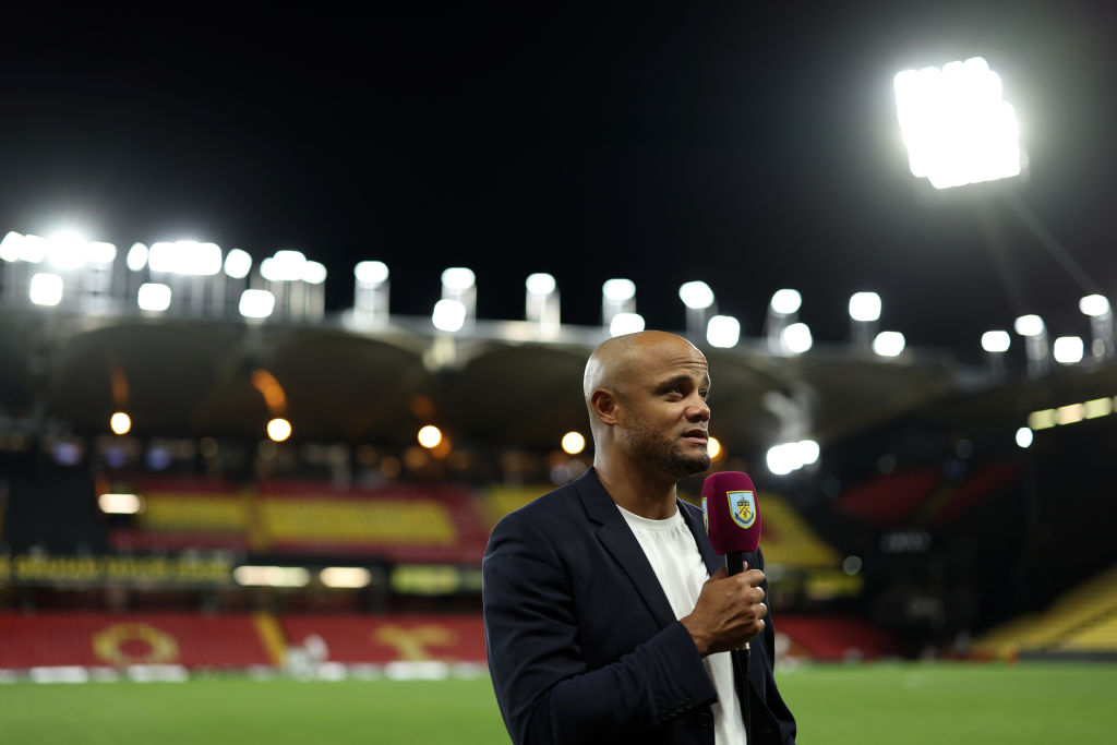 Burnley manager Vincent Kompany gives a post match interview during the Sky Bet Championship match between Watford and Burnley at Vicarage Road on August 12, 2022 in Watford, England.