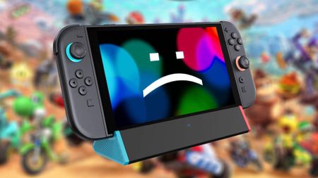 SIWIQU Switch 2 docking station with sad face on handheld and blurred Mario Kart World artwork in backdrop.