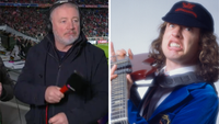 Ally McCoist playing air drums, next to a photo of AC/DC guitarist Angus Young in 1982