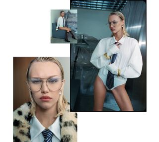 Grace VanderWaal in an empty office storage room wearing a leopard-print faux fur coat with a white shirt and blue tie underneath. Her hair is wet and slicked back, and she's wearing large wire-rim glasses.