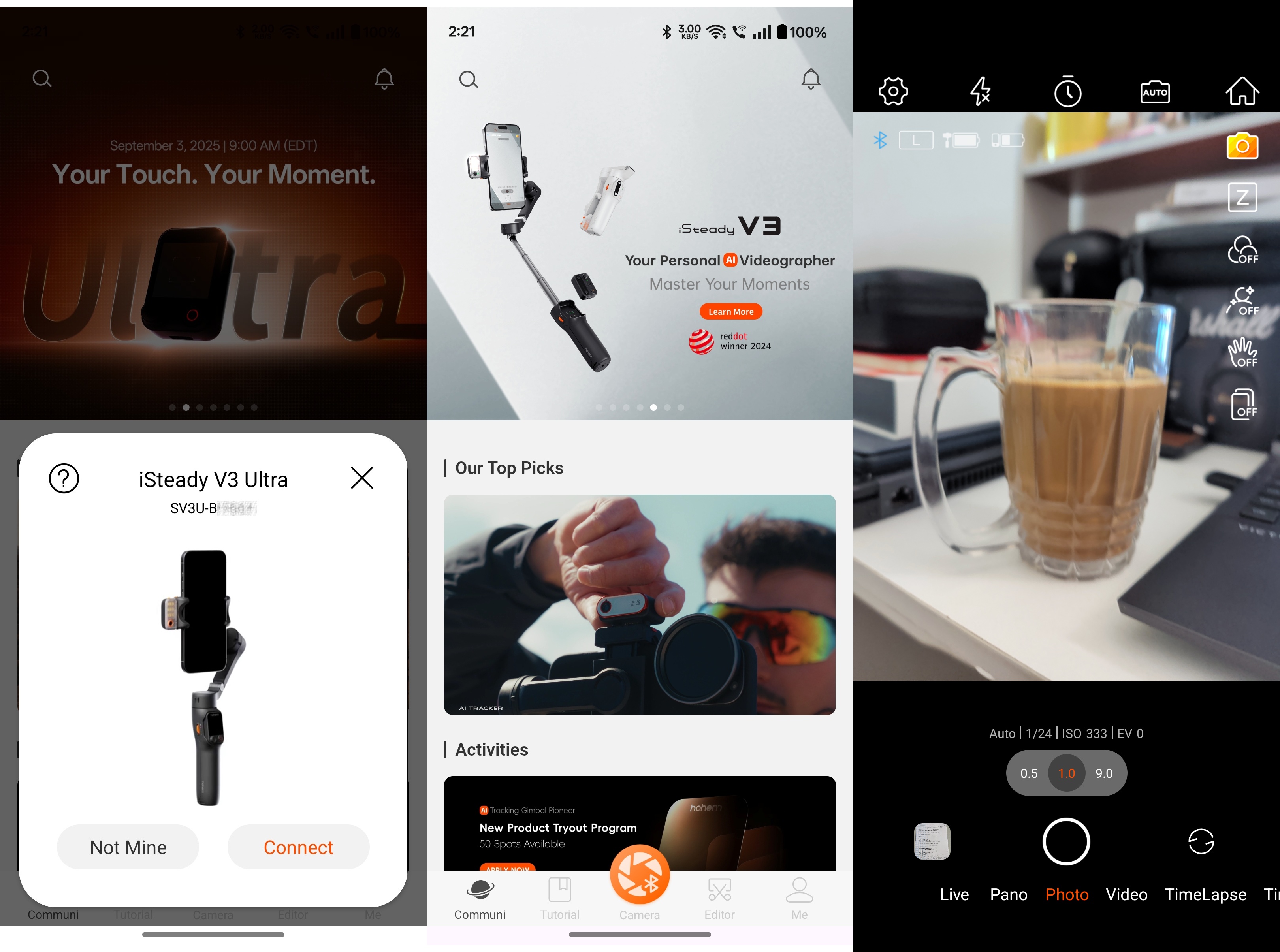 Hohem iSteady V3 Ultra gimbal app screenshot