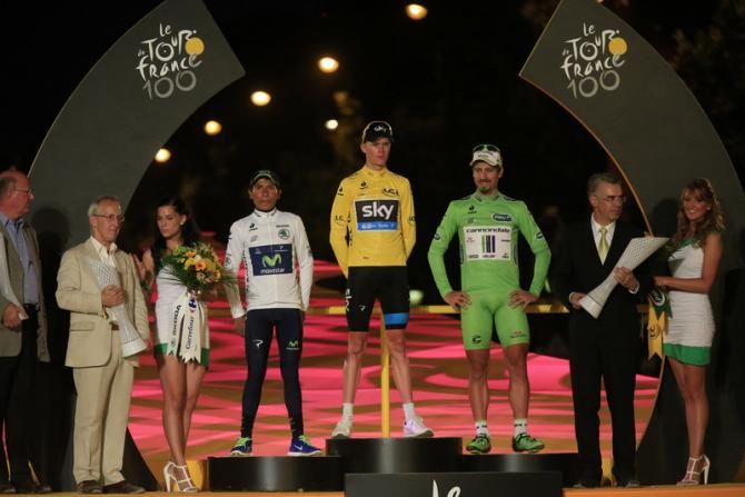 Nairo Quintana (Movistar), Chris Froome (Sky) and Peter Sagan (Cannondale) winners of the youth, mountains, general and points classification