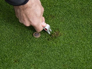 Ball marker and divot repair tool repairing a blemish on the green