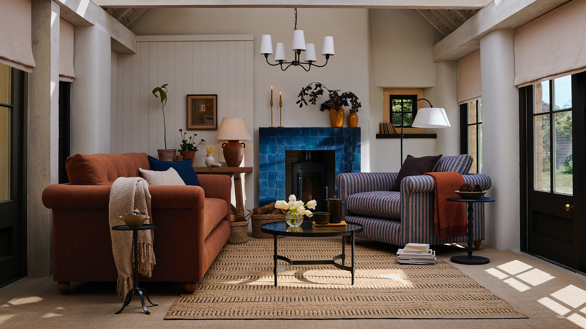 modern country living room with a blue fireplace