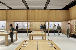 grand high ceiling and wood cladding at Apple store at Battersea Power Station