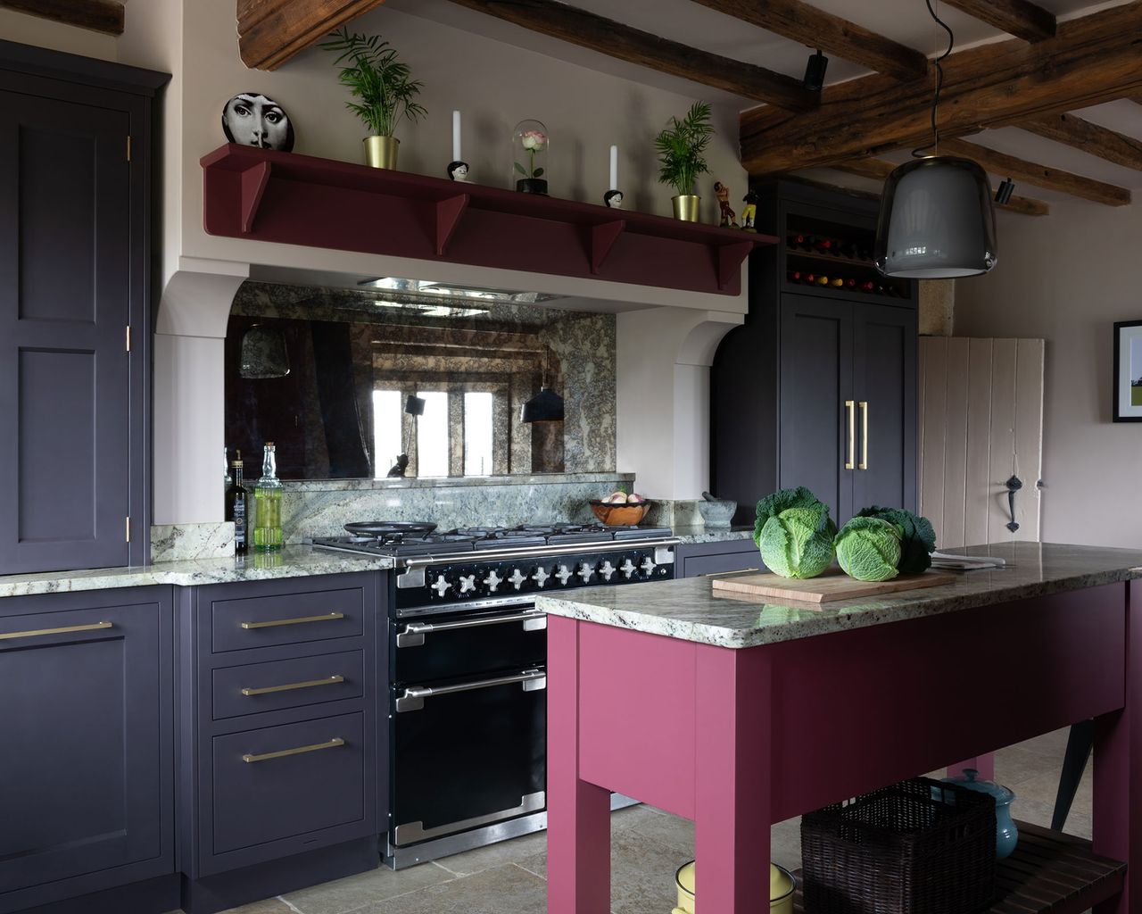 Can kitchen cabinets be painted: Blue and pink kitchen with island