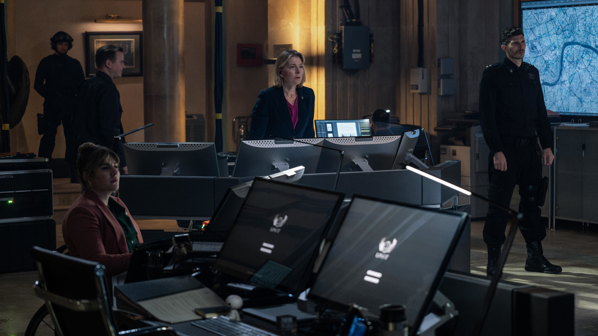 Promotional material for &quot;The War Between the Land and the Sea&quot;, showing Jemma Redgrave as Kate Lethbridge-Stewart, Alexander Devrient as Colonel Christofer Ibrahim, and Ruth Madeley as Shirley Bingham.