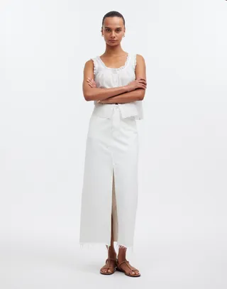 The Rilee Denim Midi Skirt in Tile White