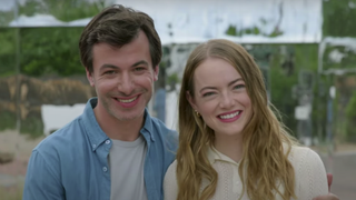 Nathan Fielder and Emma Stone, dressed in casual clothes, pose as a happy couple in new comedy drama The Curse