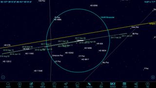 Superior planets, which orbit farther from the sun than Earth does, normally cross the stars from west to east. For a period of time every year, while Earth passes between them and the sun, they appear to reverse direction, creating a retrograde loop. The SkySafari 5 app allows you to display the paths of celestial objects. Here, the path for Uranus is shown from January 2017 to November 2018. The planet (at center) is about to end a retrograde loop and resume eastward motion.