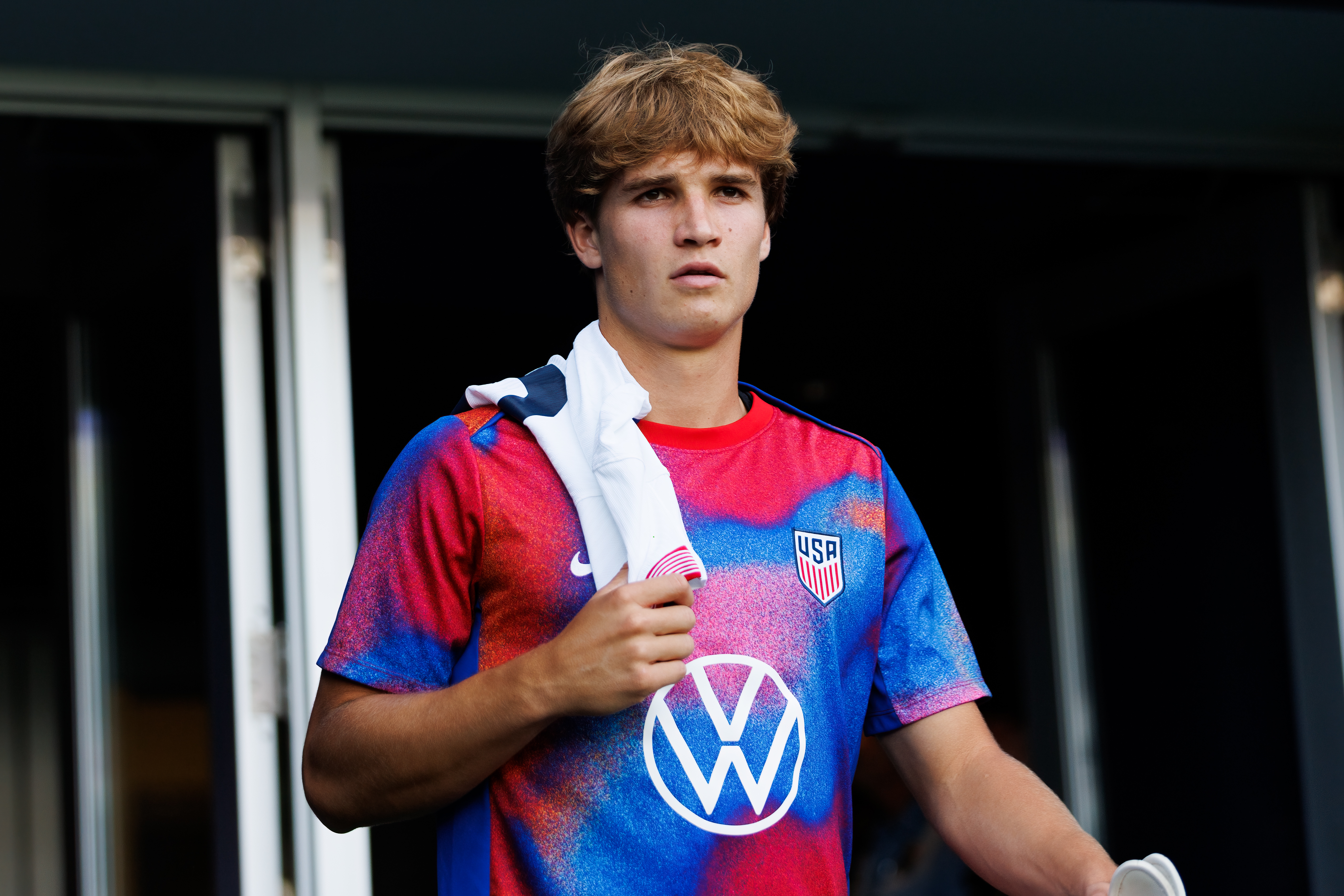 KANSAS CITY, KANSAS - JUNE 11: Rokas Pukstas #20 of the United States U23 enters the field for a game between Japan and USMNT U23 at Children&amp;apos;s Mercy Park on June 11, 2024 in Kansas City, Kansas. (Photo by Andrea Vilchez/ISI Photos/USSF/Getty Images for USSF)