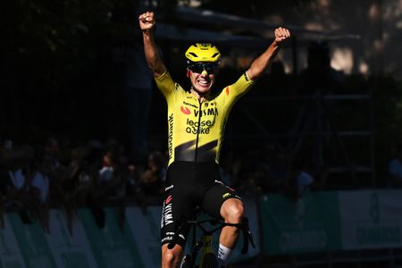 BOLOGNA, ITALY - OCTOBER 03: Davide Piganzoli of Italy and Team Visma | Lease a Bike celebrates at finish line as race winner during the 109th Giro dell'Emilia 2026 a 197.9km one day race from Ferrara to Bologna on October 03, 2026 in Bologna, Italy. (Photo by Dario Belingheri/Getty Images)
