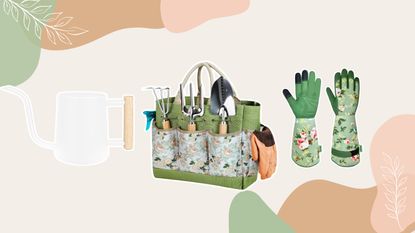 Three Prime Day gardening deals - a white watering can, a green floral bag with tools in it, and a green floral set of gloves - on a beige background