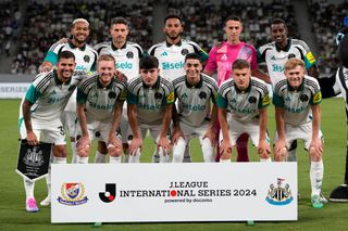 Newcastle United players pose for a photo ahead of their friendly match against Yokohama F Marinos in Tokyo, Japan, August 2024