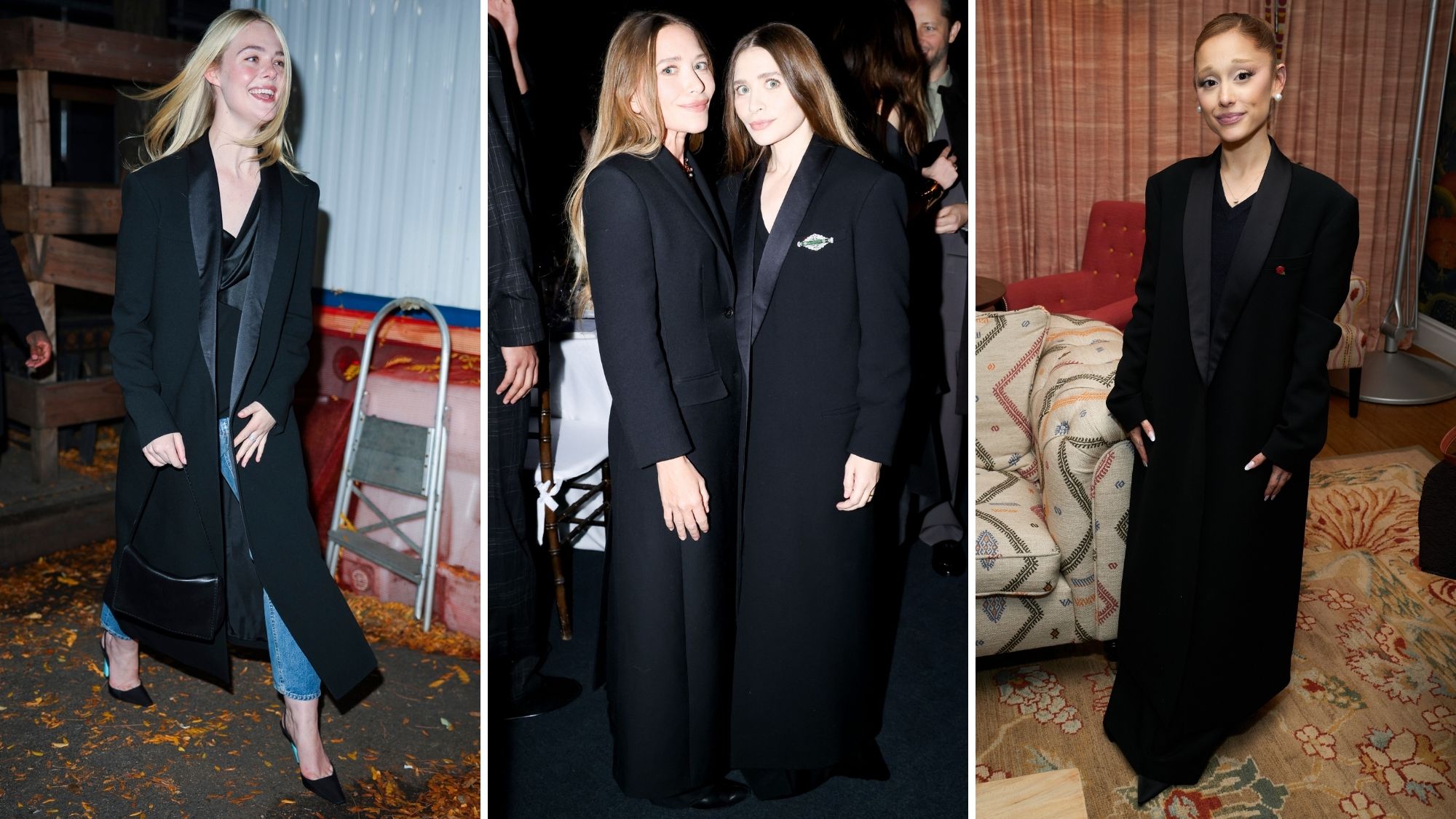 Elle Fanning, mary-kate and ashley olsen, and Ariana Grande wear tuxedo evening coats